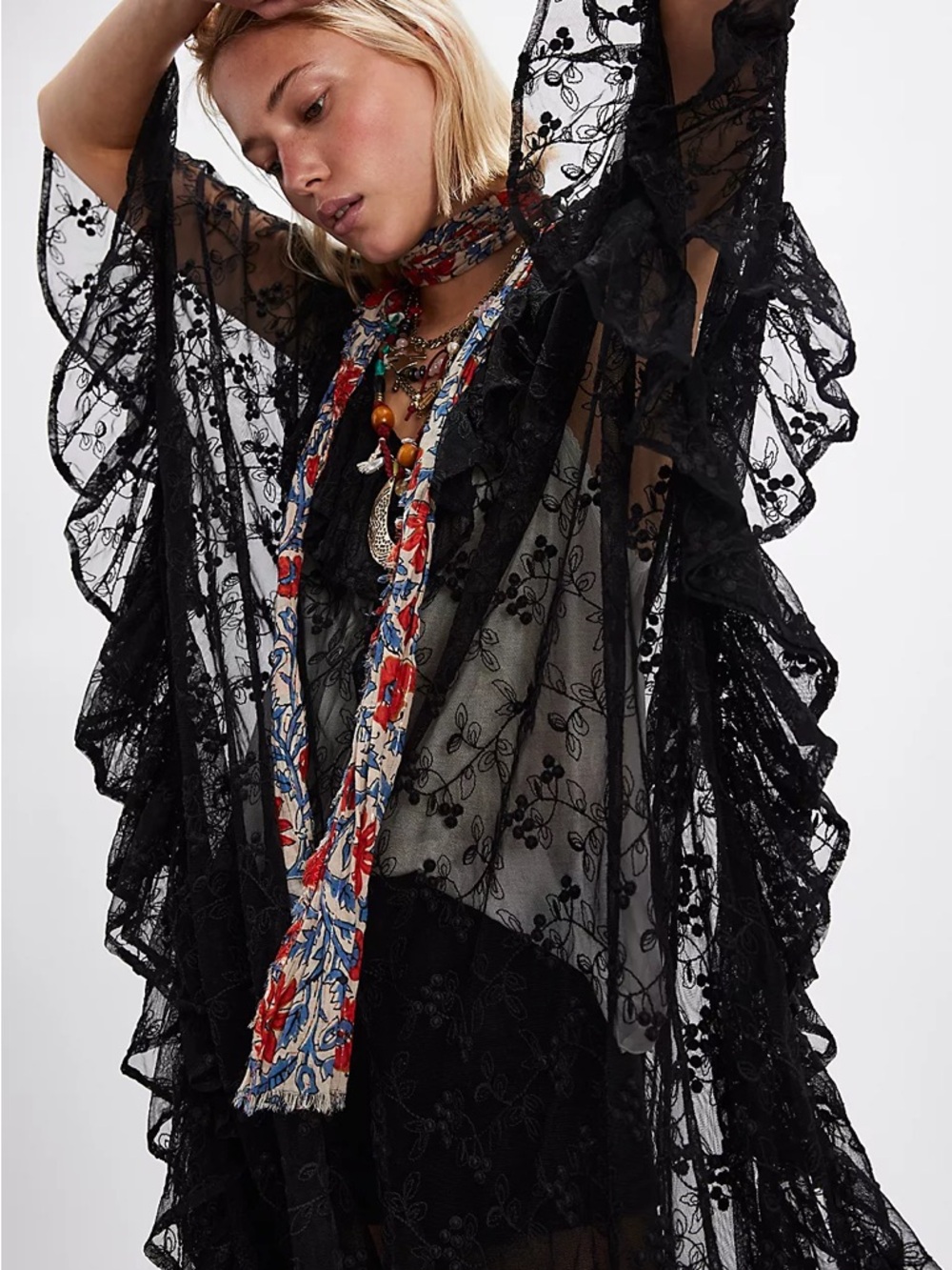 Free People Black Sheer Lace Midi caftan Dress Stevie nicks